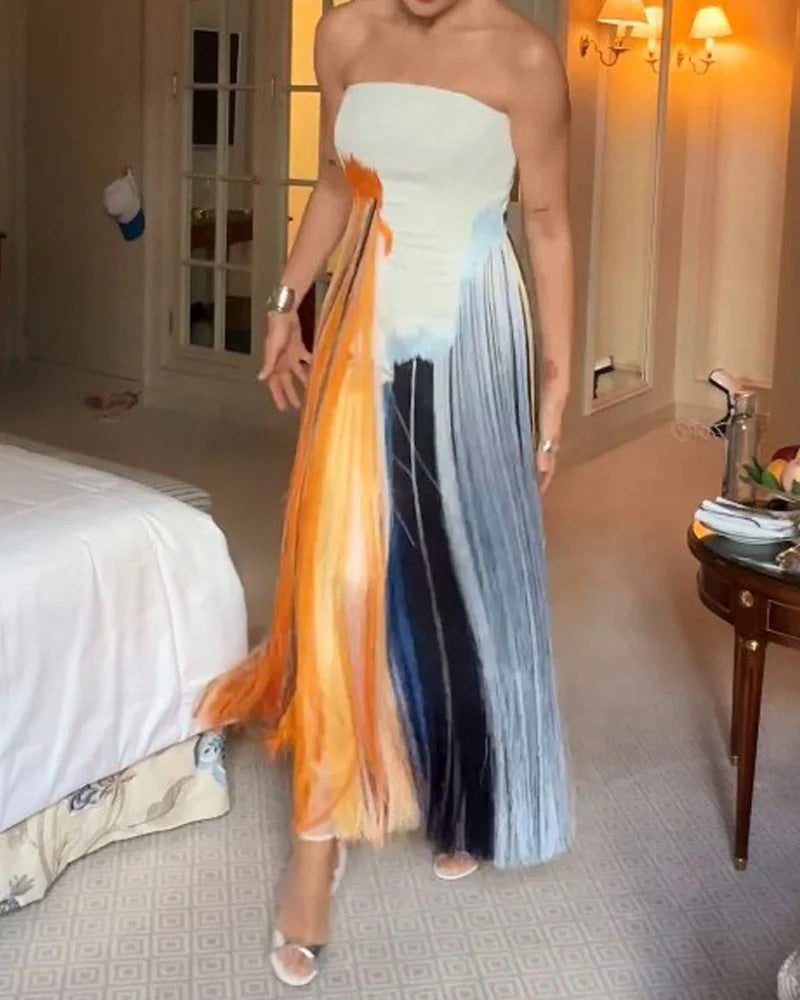 Sleeveless Waist Multicolor Fringe Maxi Dress