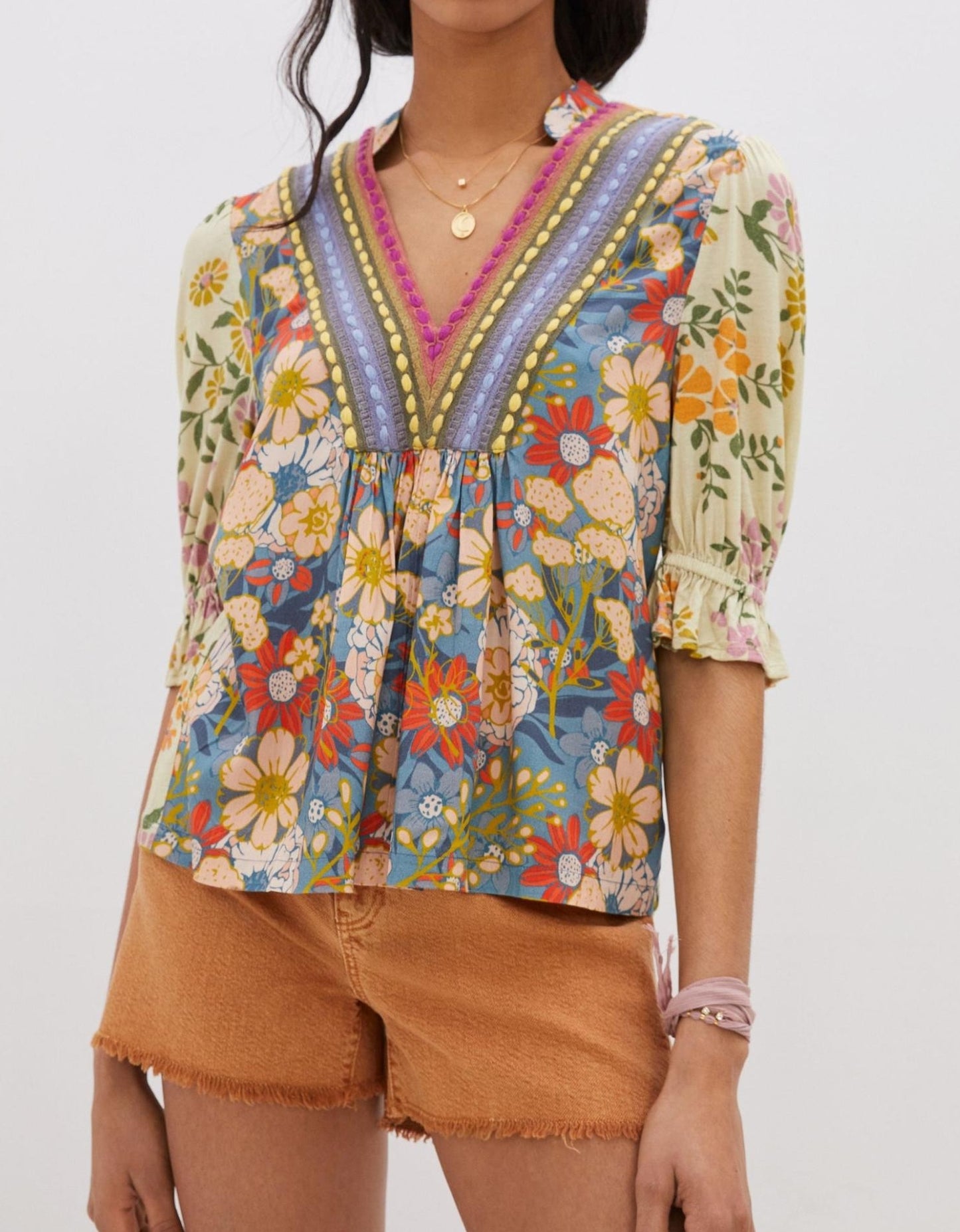 Spring Colorful Embroidered Print Top