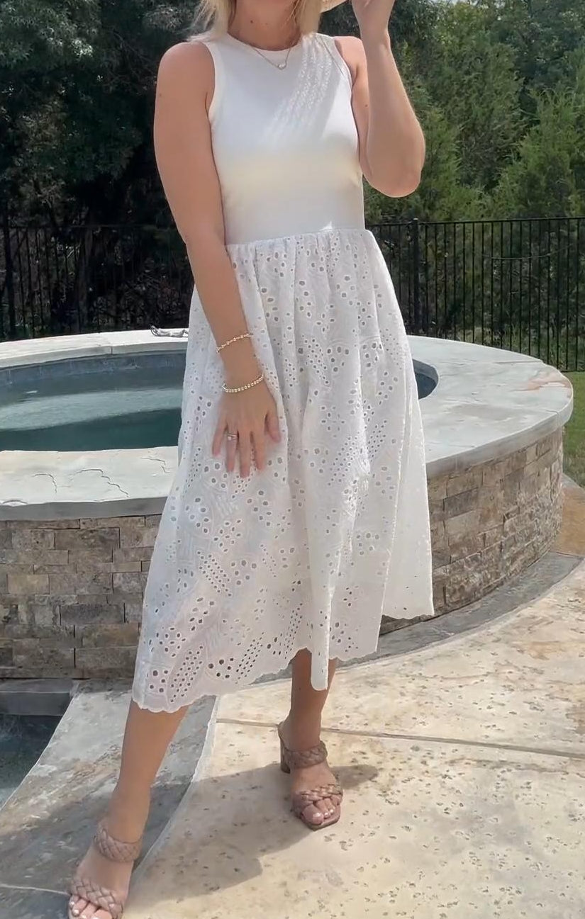 Sleeveless A Line Eyelet Crewneck Casual Tank Dress With Pockets