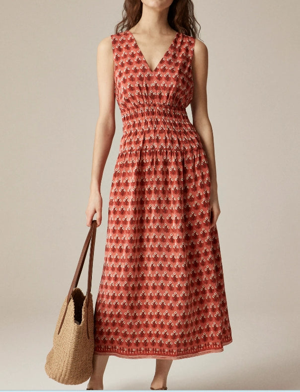 Red Floral Printed Sleeveless Midi Dress