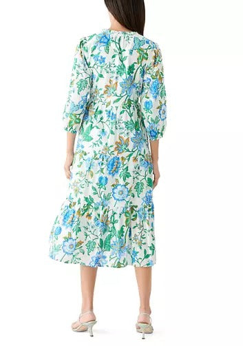Sleeve Tiered Printed V-neck Midi Dress