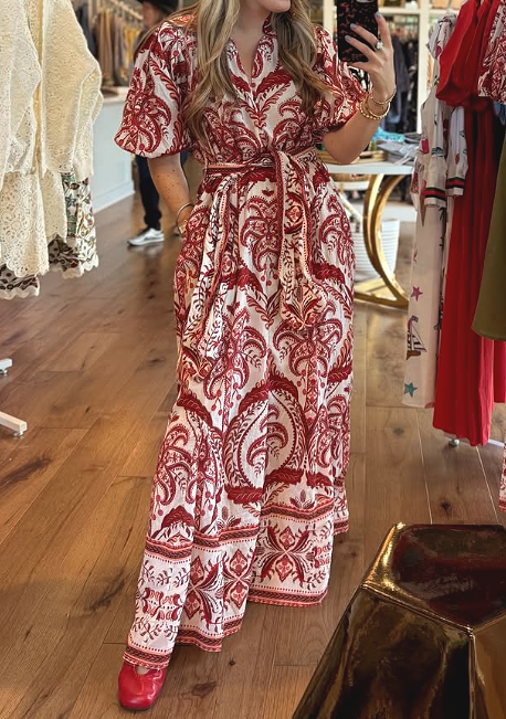 Reddish Brown Floral Casual Midi Dress