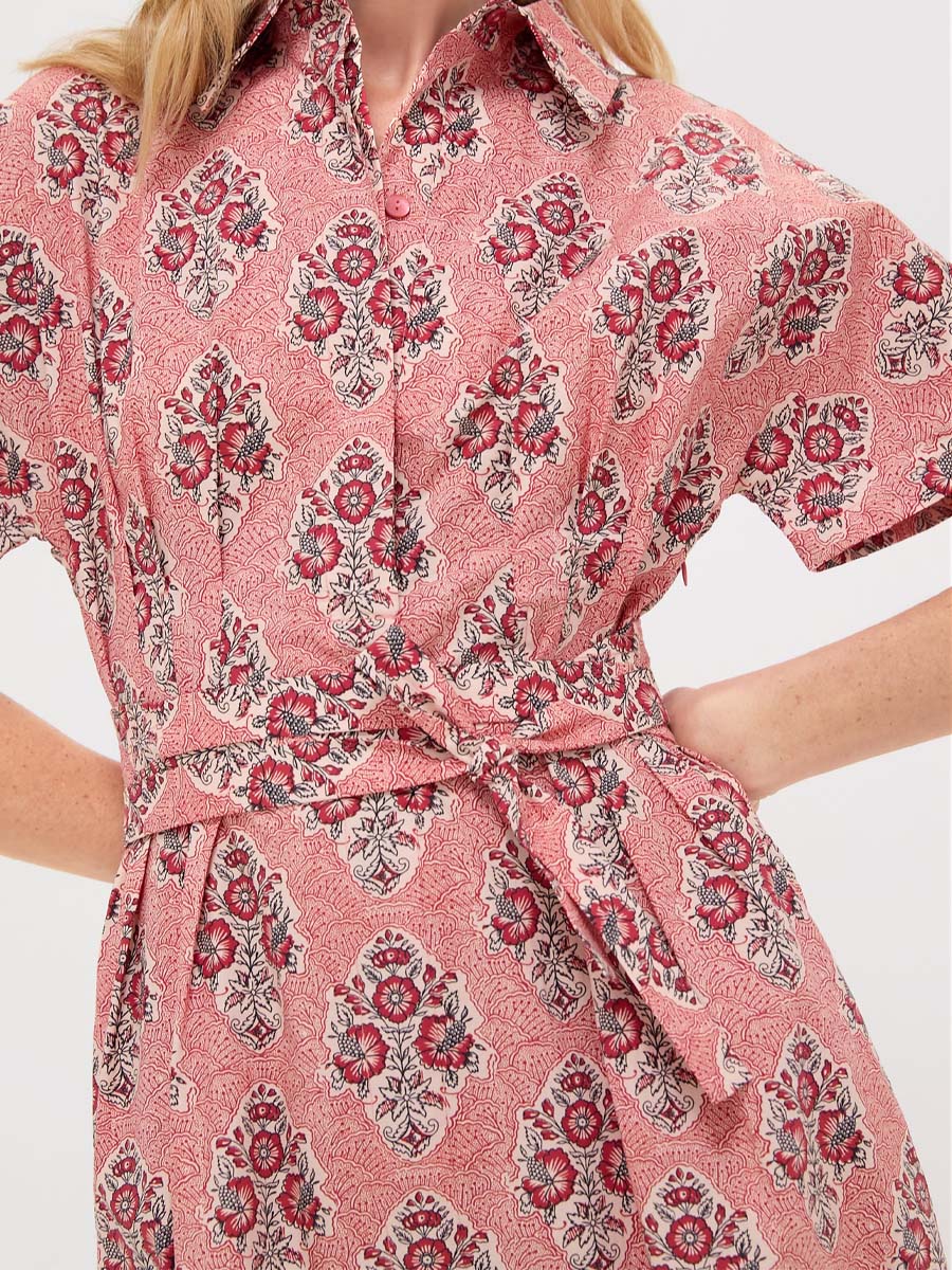 Printed Short Dolman Sleeve Belted Dress