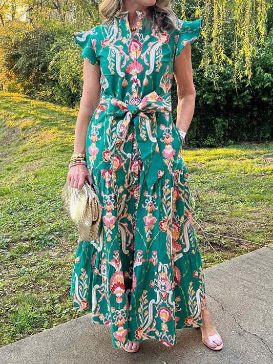 Floral Ruffled Sleeve Belted Maxi Dress