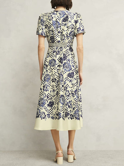 Printed V Neck Short Sleeve Dress