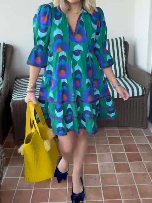 V Neck Ruffled Printed Mini Dress