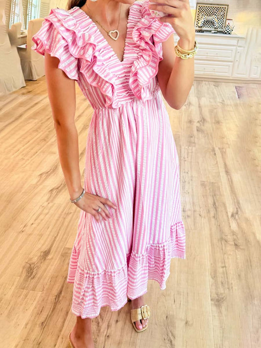 Striped Ruffle V Neck Maxi Dress