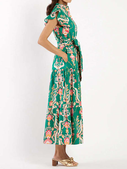 Floral Ruffled Sleeve Belted Maxi Dress