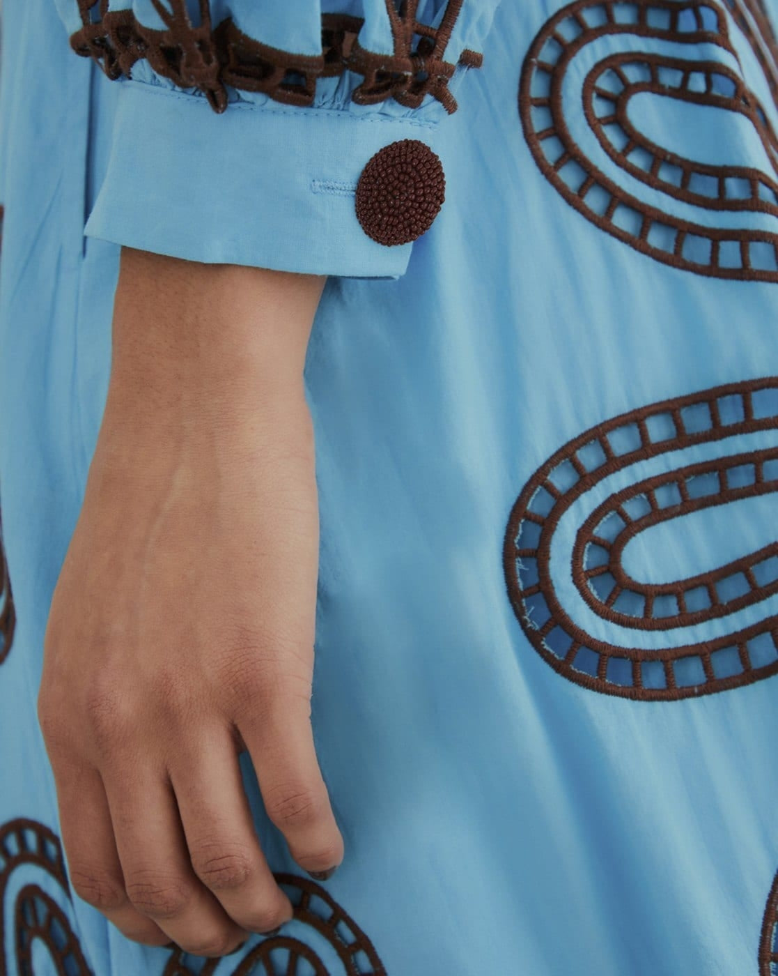 Blue Bubble Sleeve Embroidered Dress