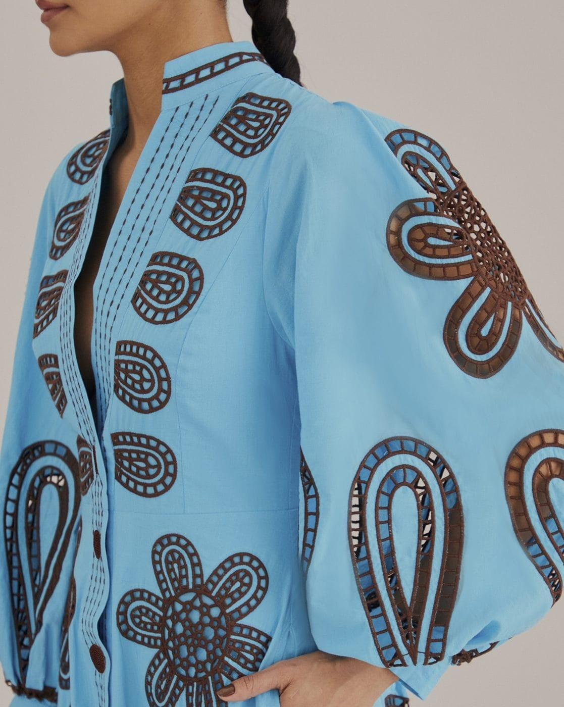 Blue Bubble Sleeve Embroidered Dress