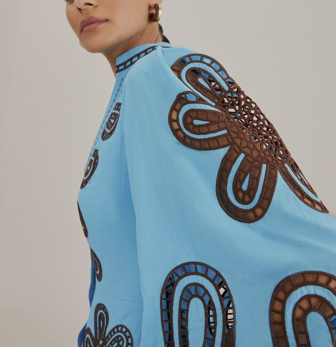 Blue Bubble Sleeve Embroidered Dress
