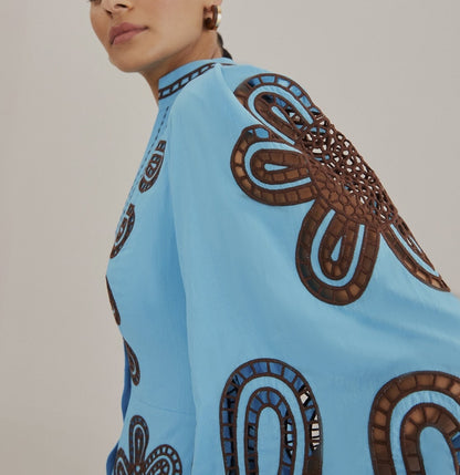 Blue Bubble Sleeve Embroidered Dress