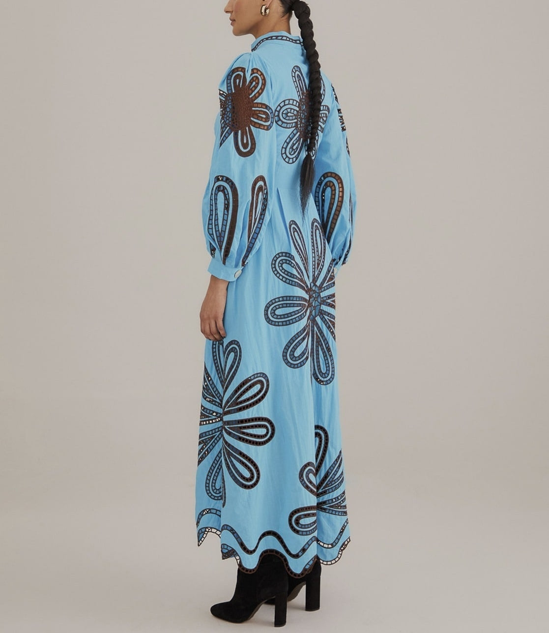 Blue Bubble Sleeve Embroidered Dress