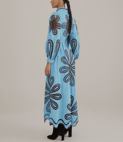 Blue Bubble Sleeve Embroidered Dress