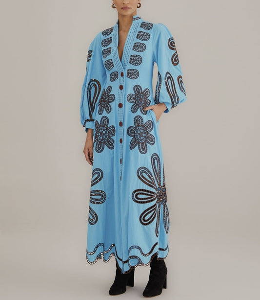 Blue Bubble Sleeve Embroidered Dress