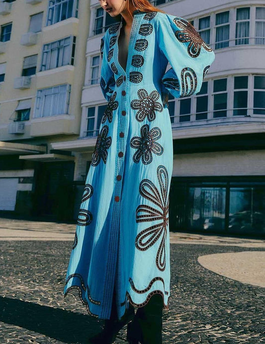 Blue Bubble Sleeve Embroidered Dress