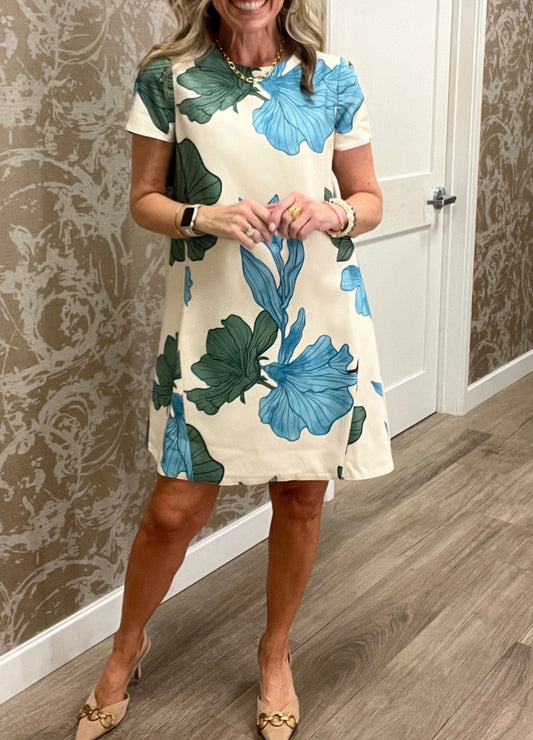 Floral Print Round Neck Short Sleeve A-Line Dress
