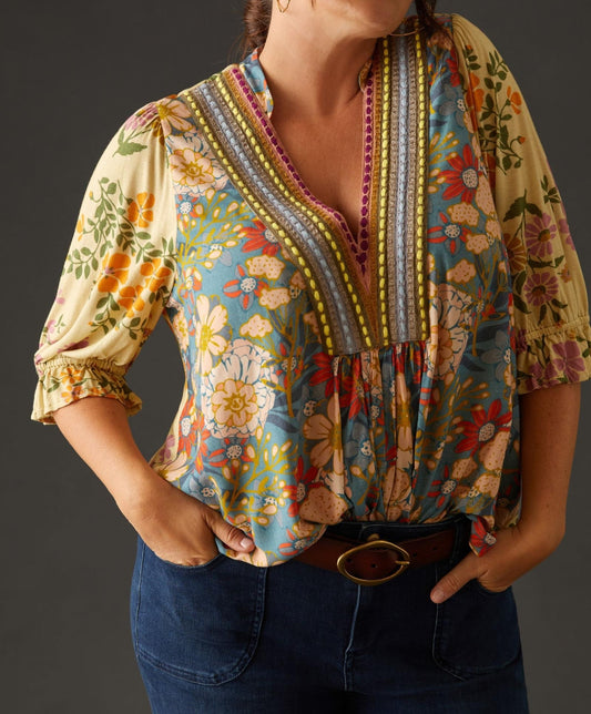 Spring Colorful Embroidered Print Top