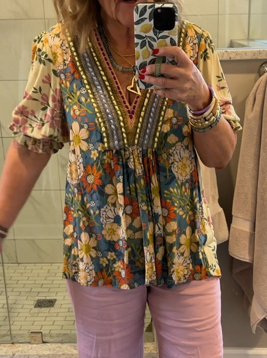 Spring Colorful Embroidered Print Top