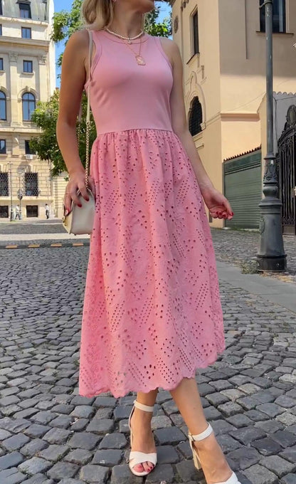 Sleeveless A Line Eyelet Crewneck Casual Tank Dress With Pockets