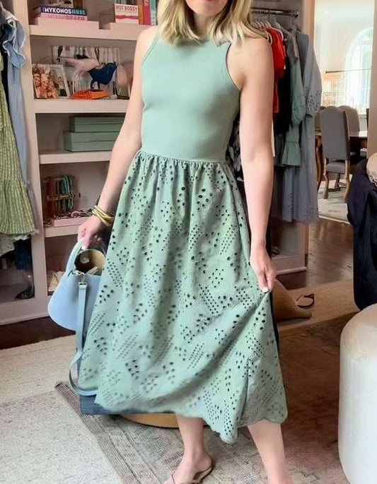 Sleeveless A Line Eyelet Crewneck Casual Tank Dress With Pockets