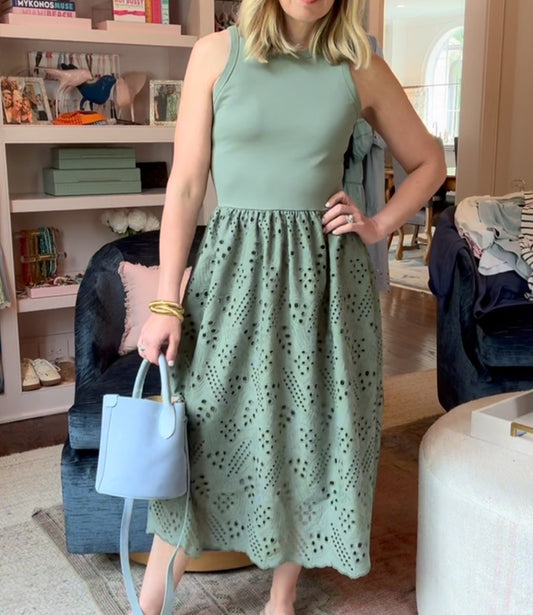 Sleeveless A Line Eyelet Crewneck Casual Tank Dress With Pockets