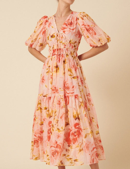Pink Floral Chiffon Midi Dress