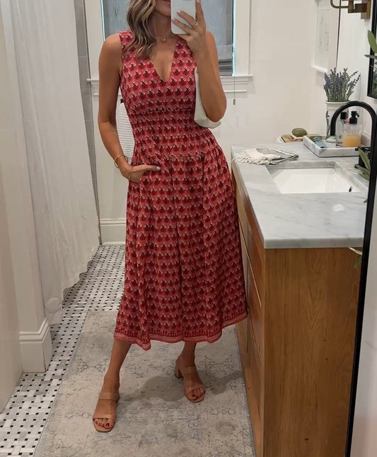 Red Floral Printed Sleeveless Midi Dress