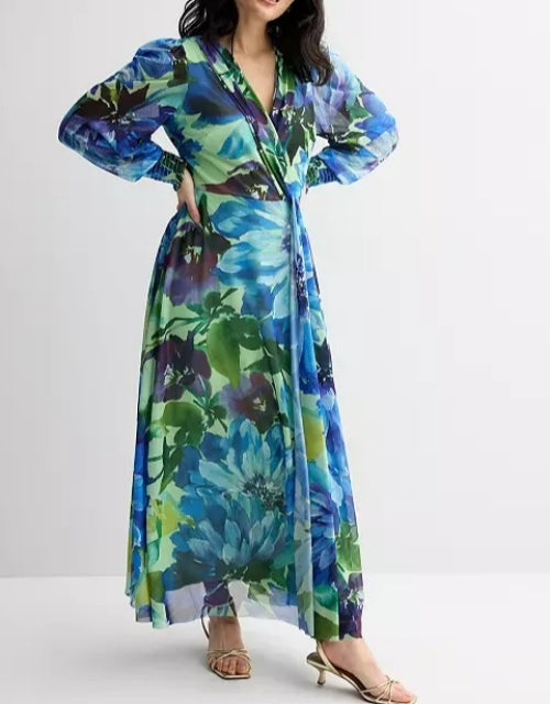 Floral Chiffon Bishop Sleeve Surplice Maxi Dress