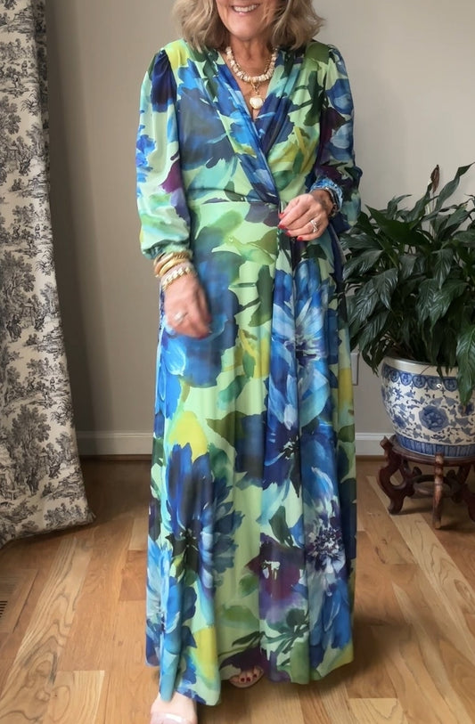 Floral Chiffon Bishop Sleeve Surplice Maxi Dress