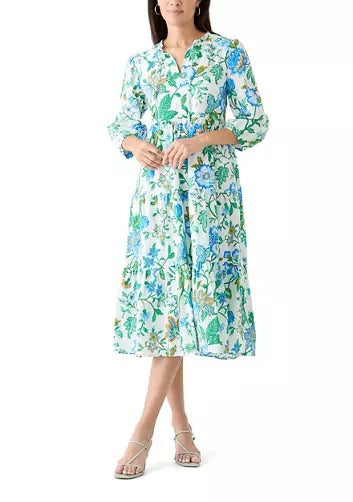 Sleeve Tiered Printed V-neck Midi Dress