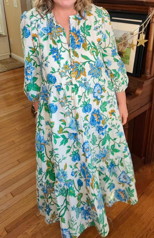 Sleeve Tiered Printed V-neck Midi Dress