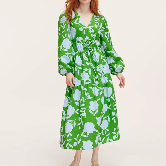 Classic Rose V-neck Long Sleeve Maxi Dress