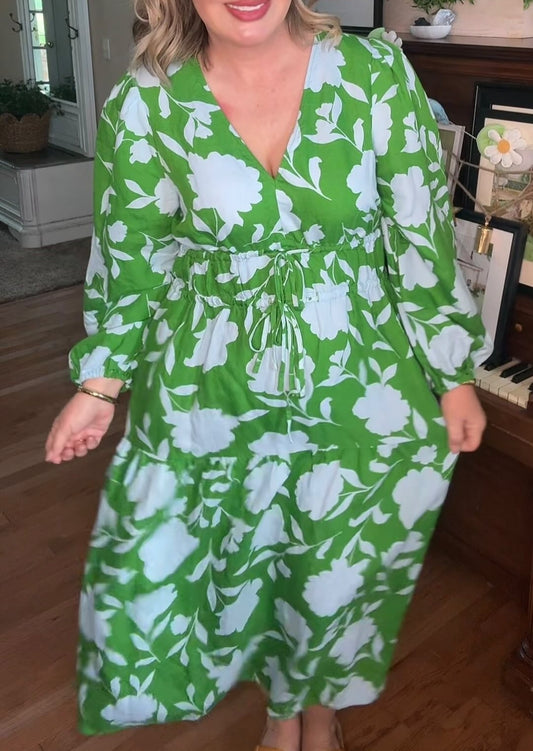 Classic Rose V-neck Long Sleeve Maxi Dress