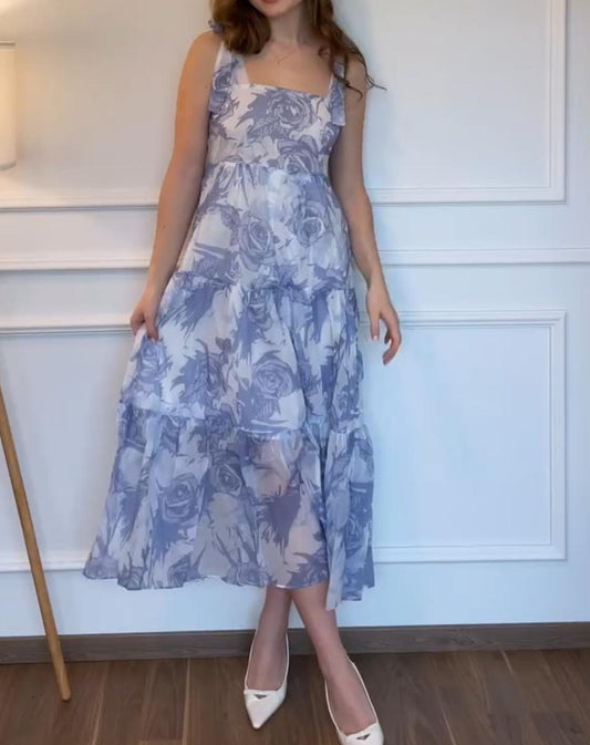 Purple Rose Chiffon Lace-Up Maxi Dress
