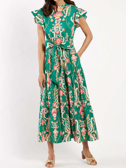 Floral Ruffled Sleeve Belted Maxi Dress
