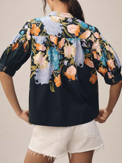 Floral Print Loose V Neck Top