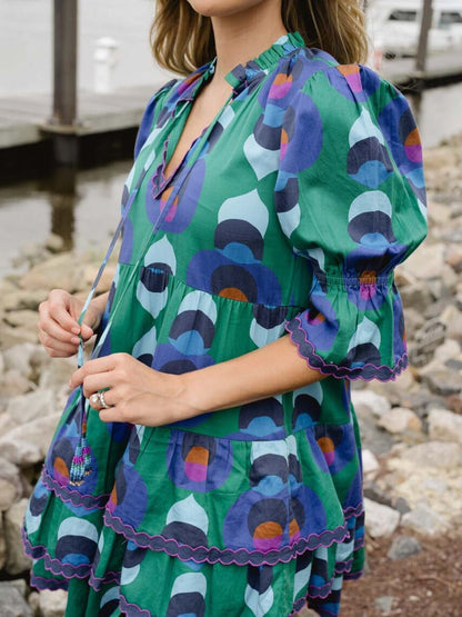 V Neck Ruffled Printed Mini Dress
