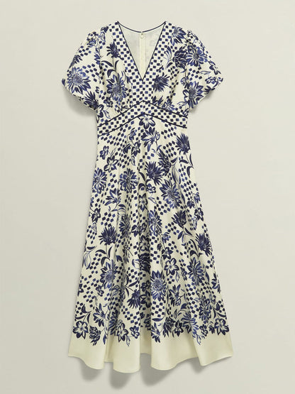 Printed V Neck Short Sleeve Dress