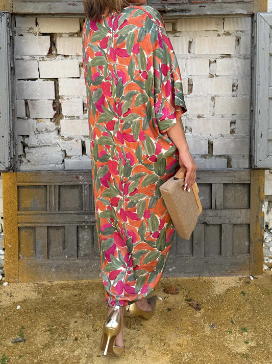 Printed V Neck Knotted Dress & Cardigan