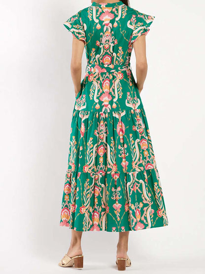 Floral Ruffled Sleeve Belted Maxi Dress