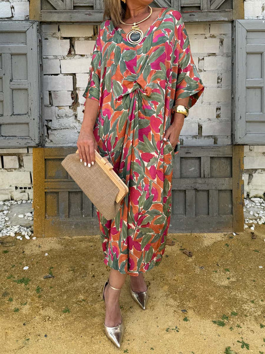 Printed V Neck Knotted Dress & Cardigan