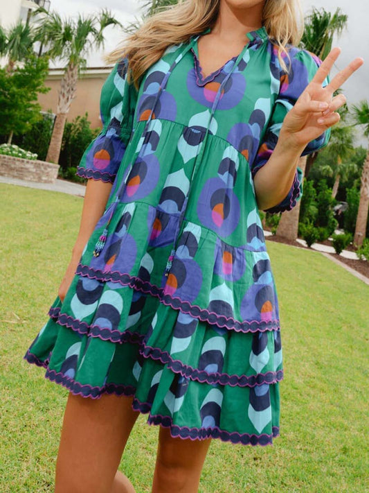V Neck Ruffled Printed Mini Dress
