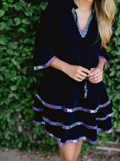 V Neck Ruffled Printed Mini Dress