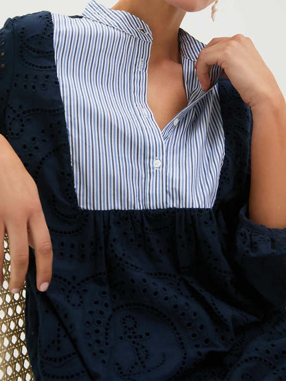 Mock Collar Patchwork Eyelet Mini Dress