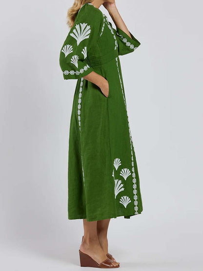 Placement Print V Neck Loose Dress
