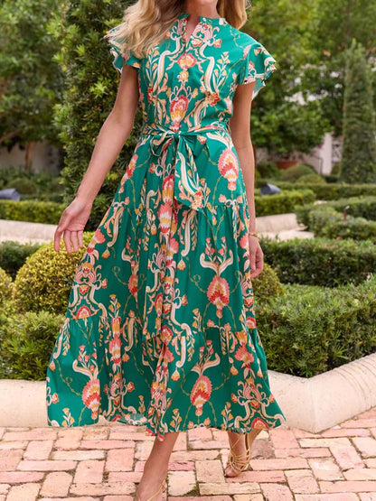 Floral Ruffled Sleeve Belted Maxi Dress