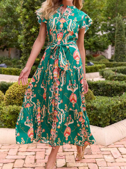Floral Ruffled Sleeve Belted Maxi Dress