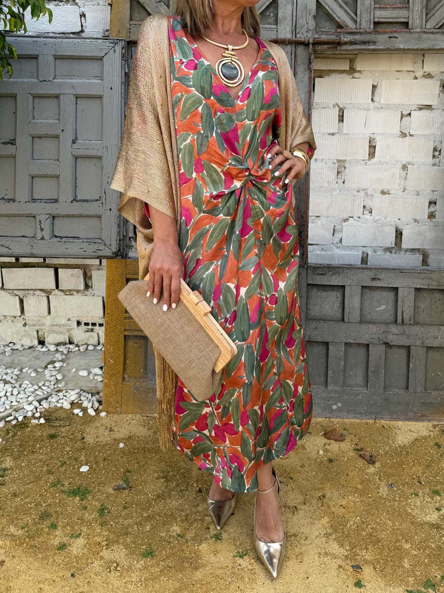 Printed V Neck Knotted Dress & Cardigan