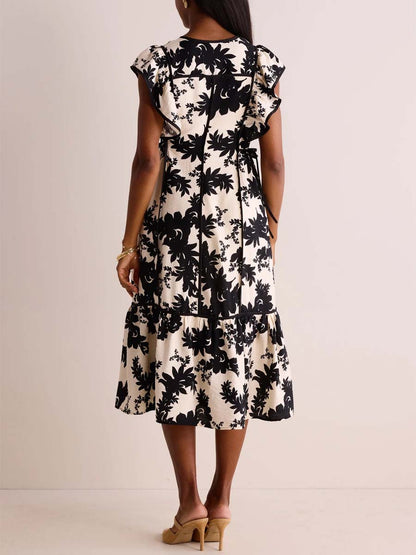 Floral Print V-neck Flutter Sleeve Dress